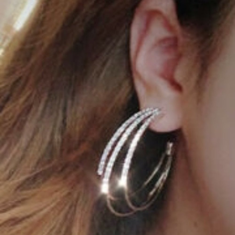 NEW 18k Gold 925 Silver White Sapphire Tripple Hoops - Picture 3 of 4